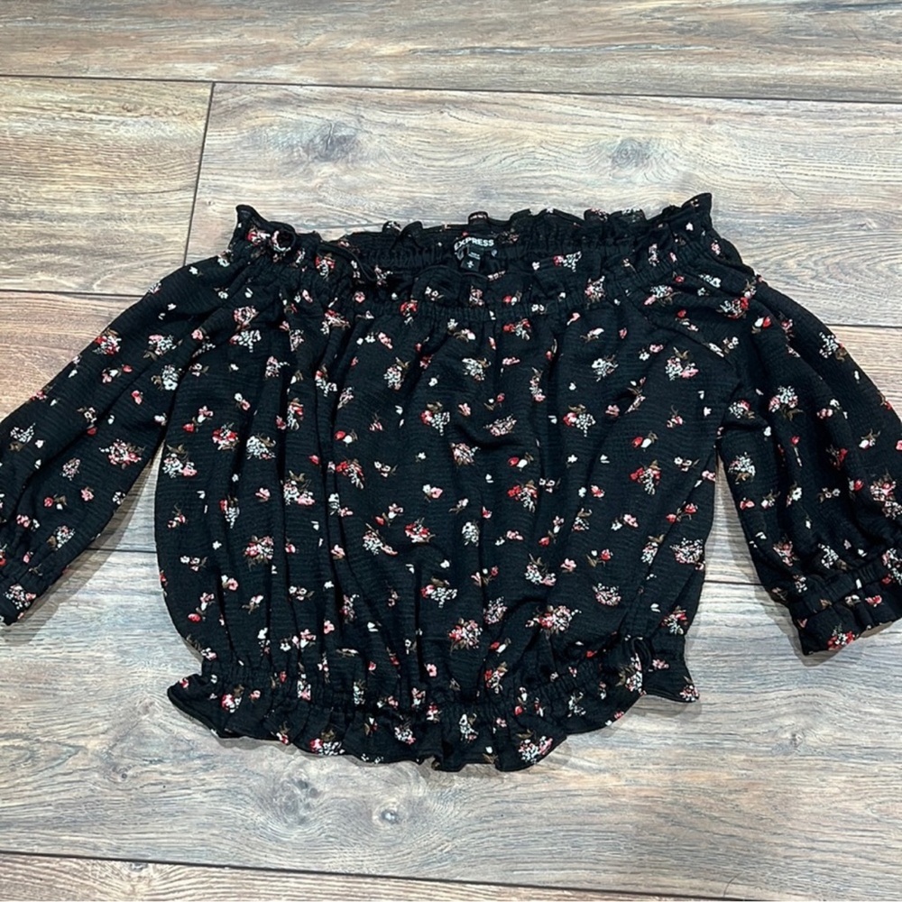 Express Black and Pink Ruffled Off-Shoulder Blouse